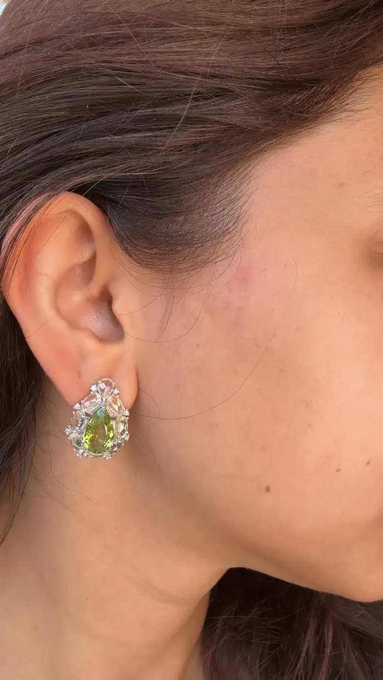 Natural Pear Shape Tourmaline & White Sapphire Stud Earrings - 18k White Gold Diamond Earrings