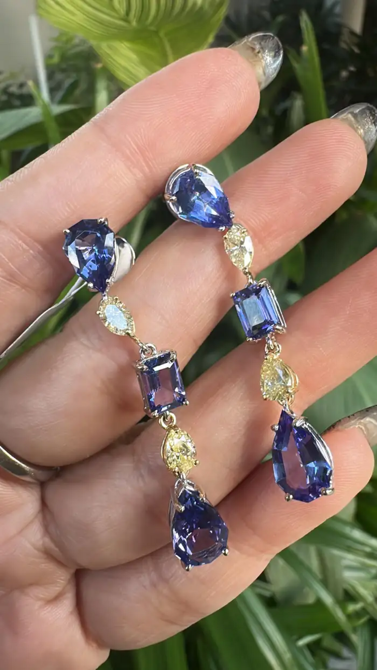 18k White Gold Diamond Dangle Earrings - Natural Tanzanite & Yellow Diamond Earrings