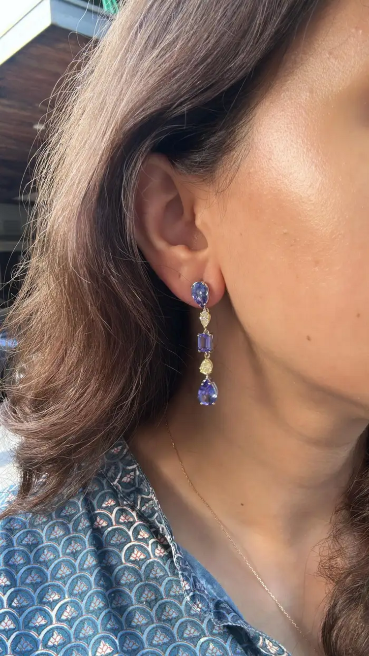 18k White Gold Diamond Dangle Earrings - Natural Tanzanite & Yellow Diamond Earrings