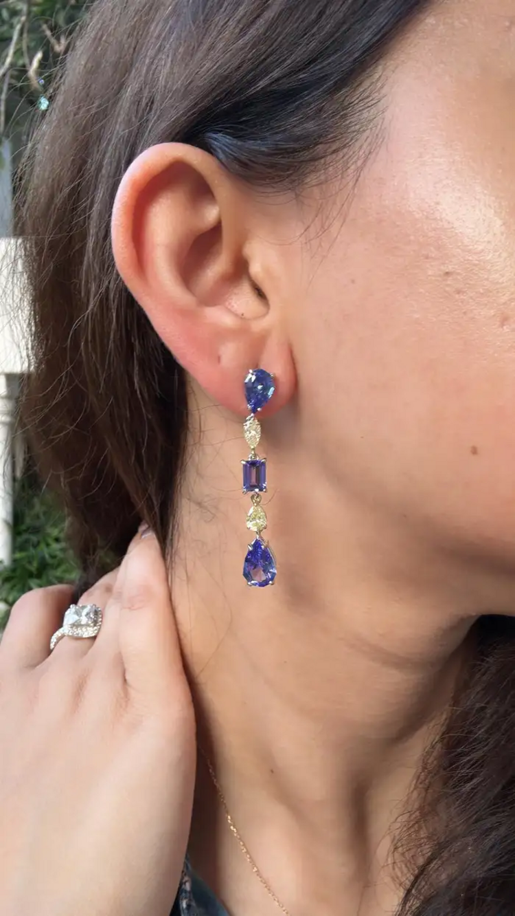 18k White Gold Diamond Dangle Earrings - Natural Tanzanite & Yellow Diamond Earrings