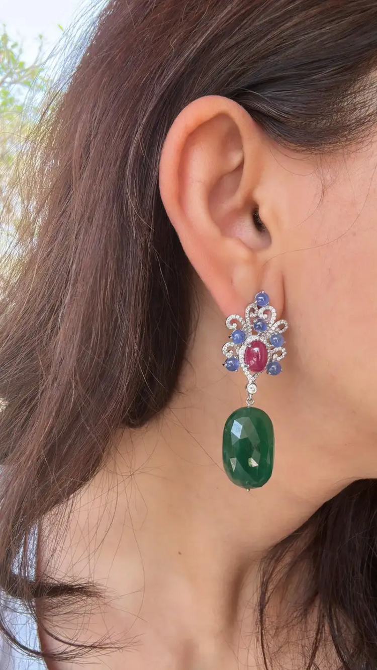 18k White Gold Diamond Dangle Earrings - Natural Blue Sapphire, Mozambique Ruby & Zambian Emerald Tumble Earrings