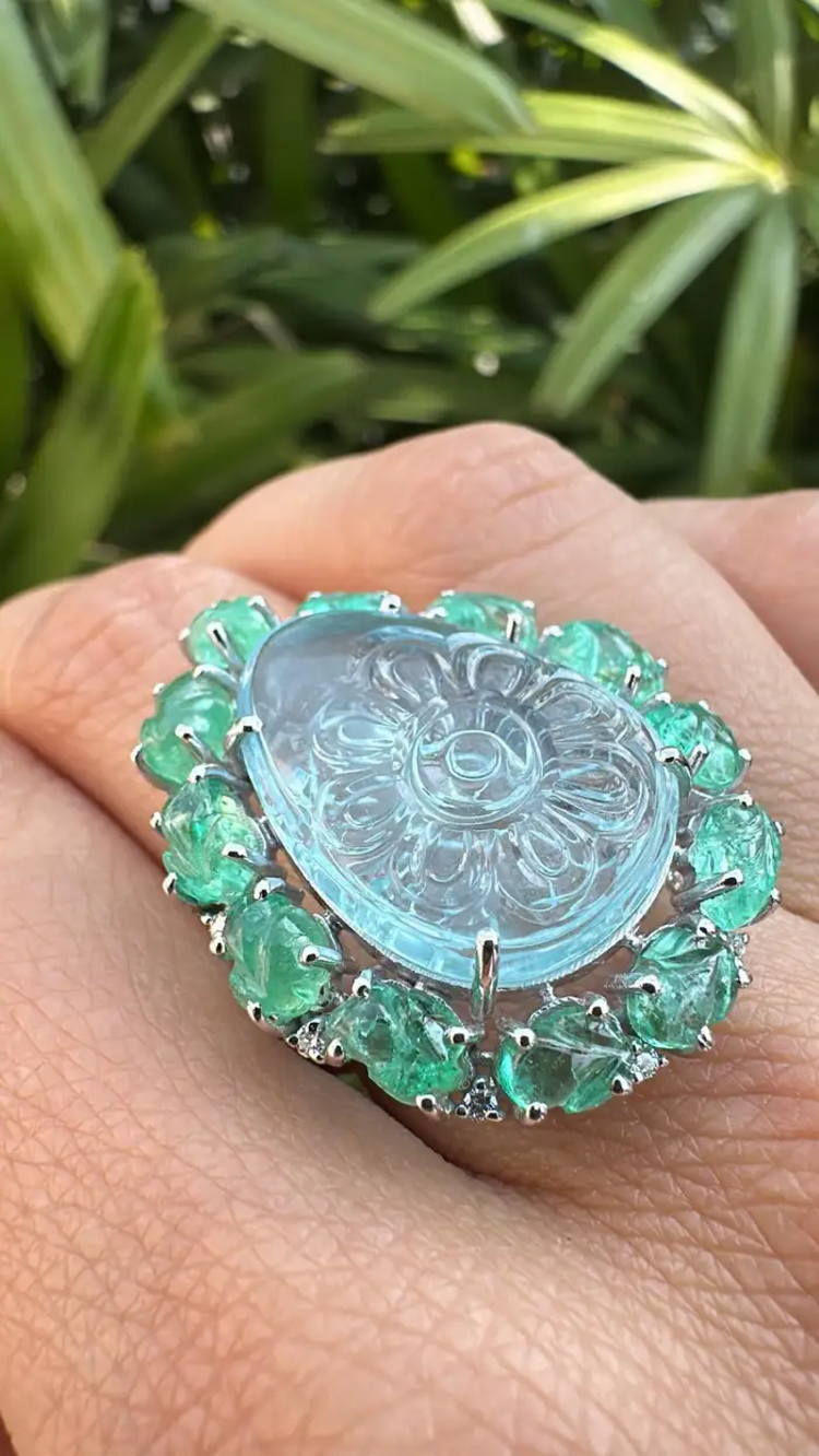 Carved Aquamarine & Zambian Emerald Cocktail Ring - 18k White Gold Handmade Diamond Ring