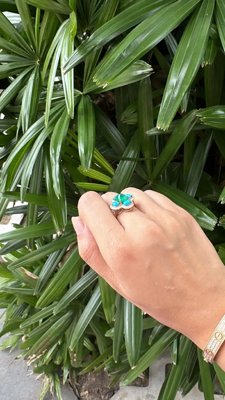 18k Rose Gold Diamond Handmade Ring With Natural Zambian Emerald & Turquoise