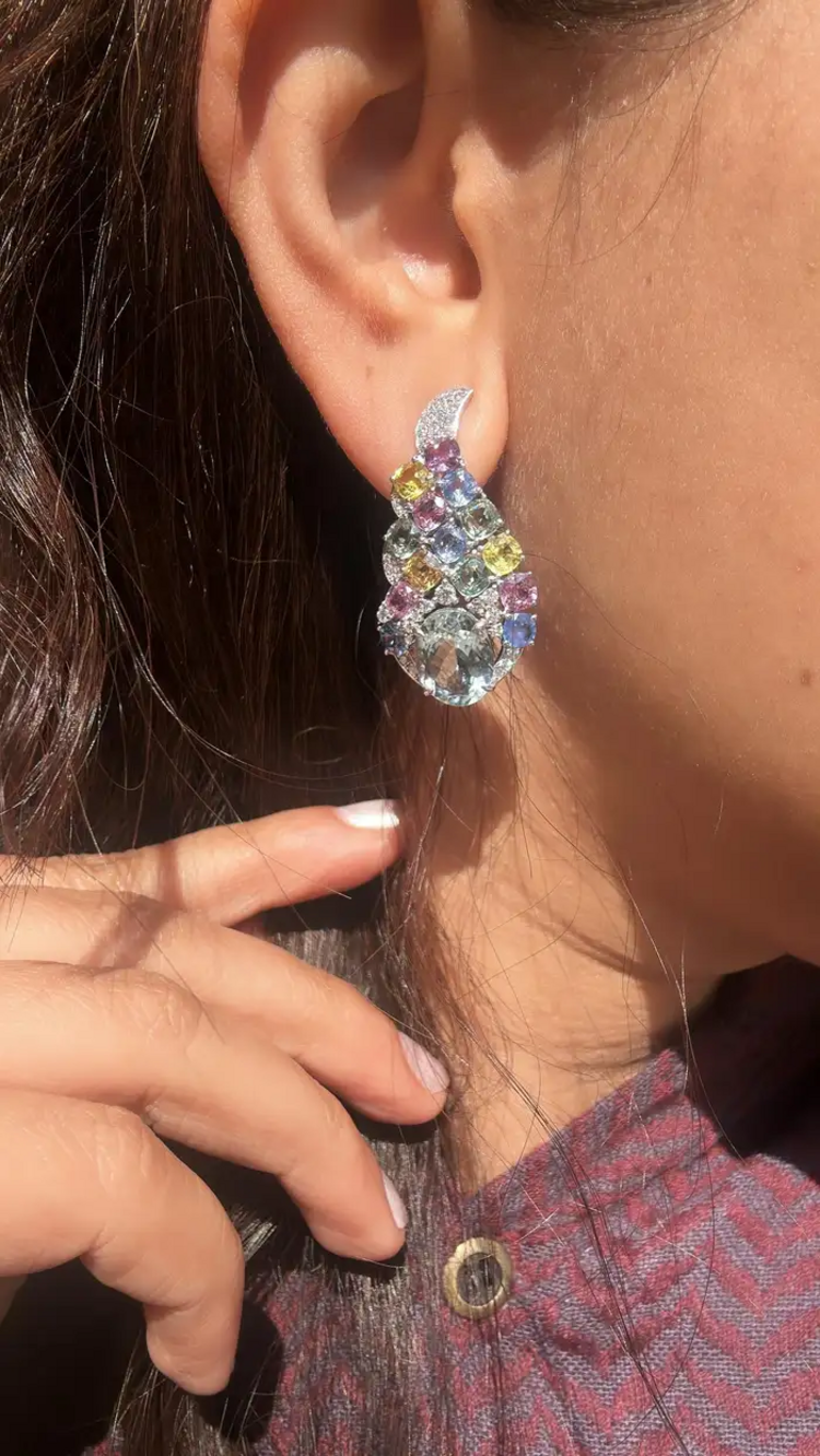 18k White Gold Diamond Chandelier Earrings - Natural Aquamarine & Multi Sapphire Earrings