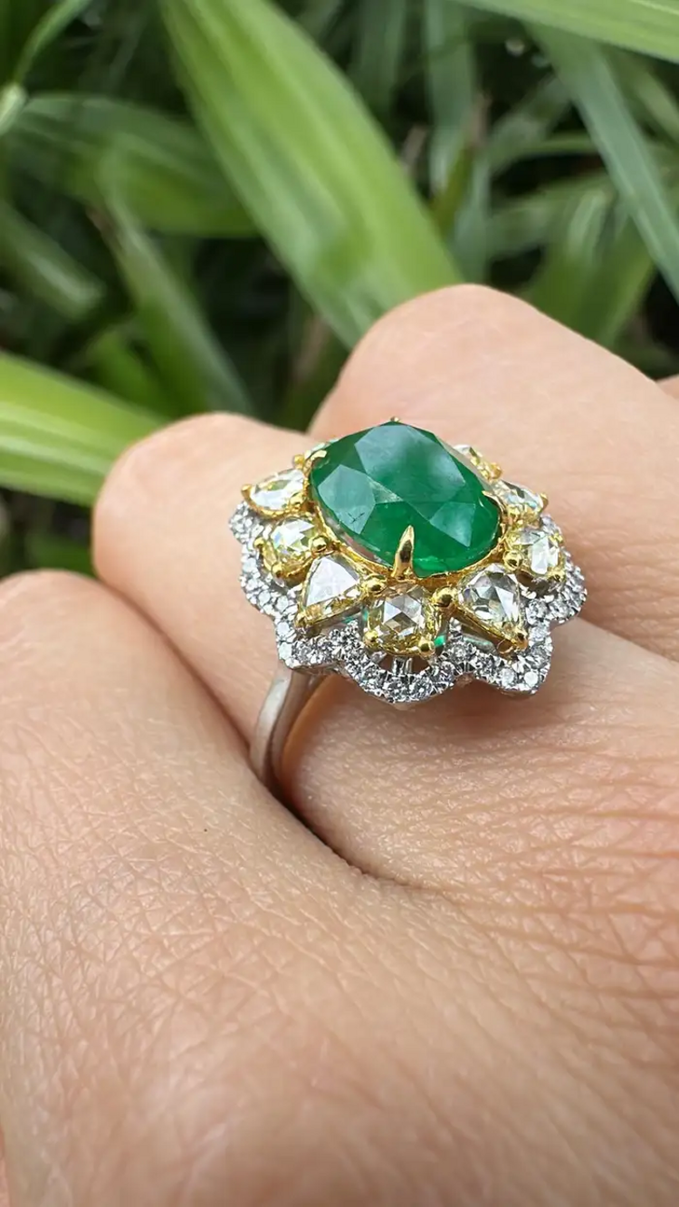 Natural Zambian Emerald Cocktail Ring - Solid 18k White Gold Yellow Diamond Wedding Ring