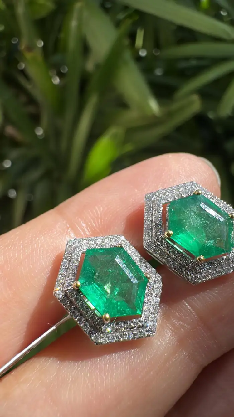 Natural Zambian Emerald Stud Earrings - 18k White Gold Diamond Tiny Stud Earrings