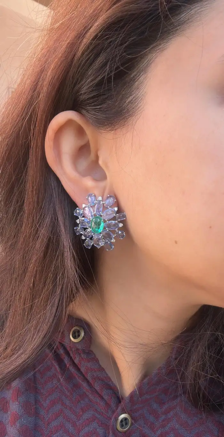 Natural Colombian Emerald & Blue Sapphire Floral Stud Earrings - 18k White Gold Diamond Earrings