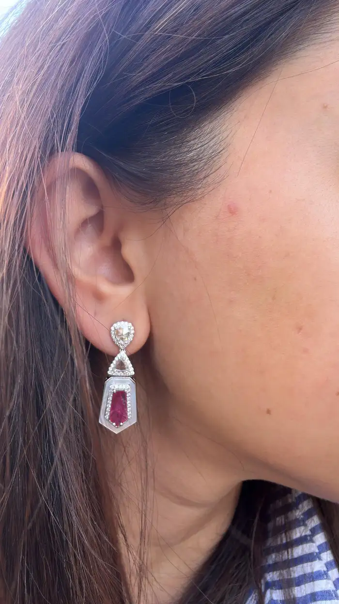 Natural Mozambique Ruby & Pearl Dangle Earrings - 18k White Gold Rose Gold Handmade Earrings