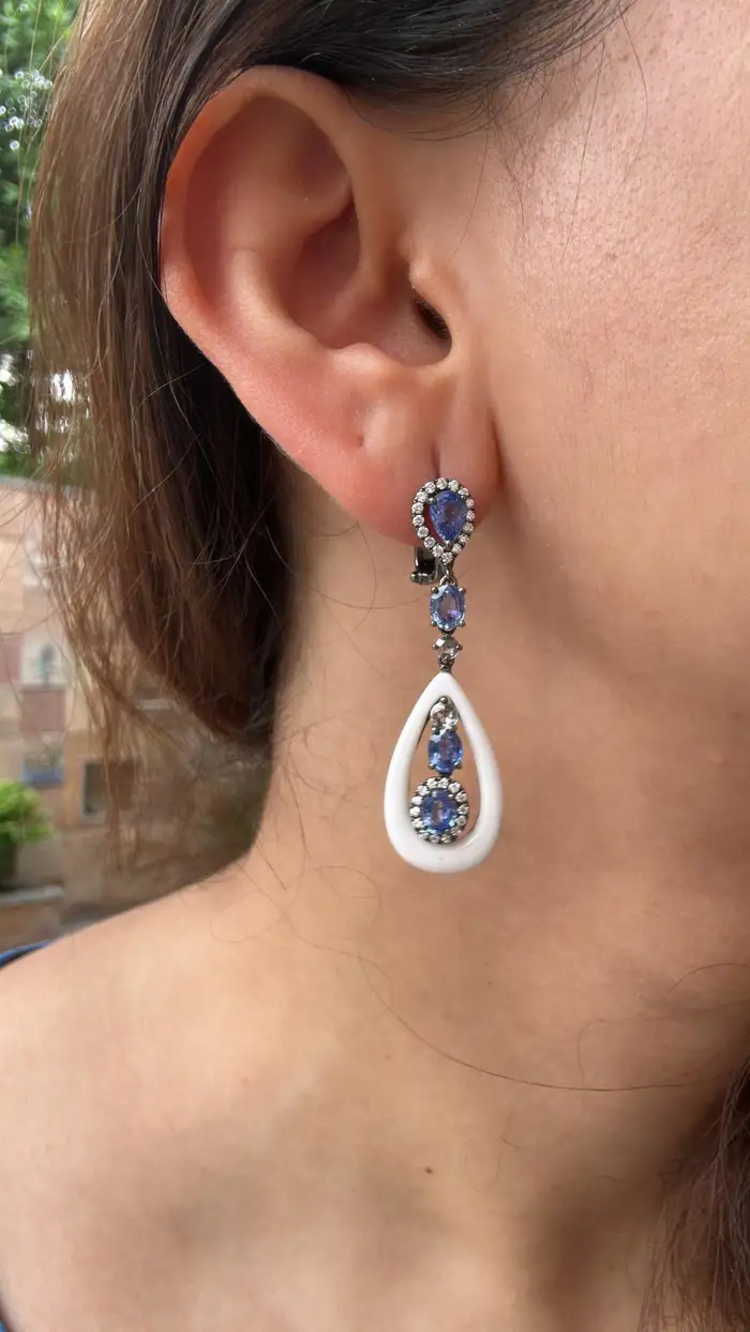 18k White Gold Diamond Dangle Earrings - Natural Blue Sapphire & Onyx Earrings