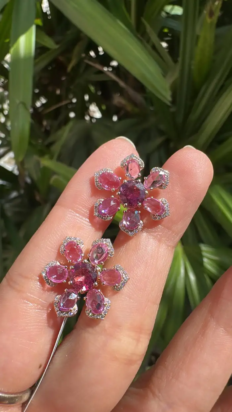 Natural Ceylon Pink Sapphires & Tourmaline Gemstone Floral Stud Earrings - 18k Rose Gold Diamond Earrings