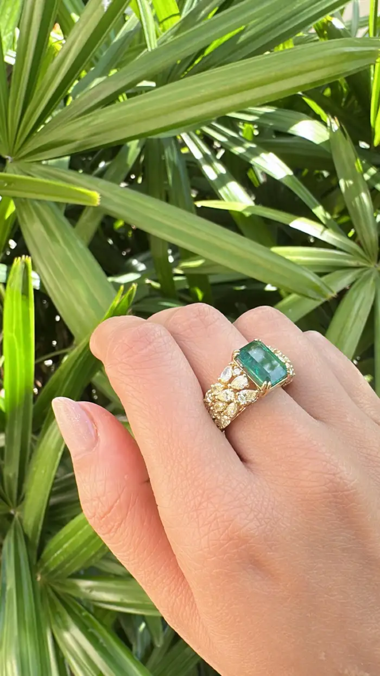 Natural Zambian Emerald Statement Ring - 18k Yellow Gold & Yellow Diamonds Wedding Ring