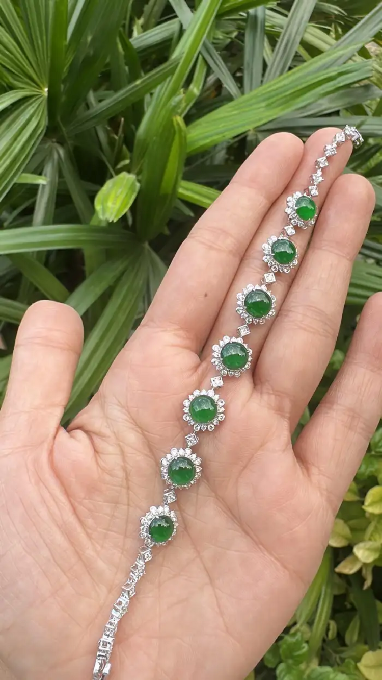7.70 Ct. Burmese Jadeite & Diamond Bracelet - 18k White Gold Handmade Women Bracelet
