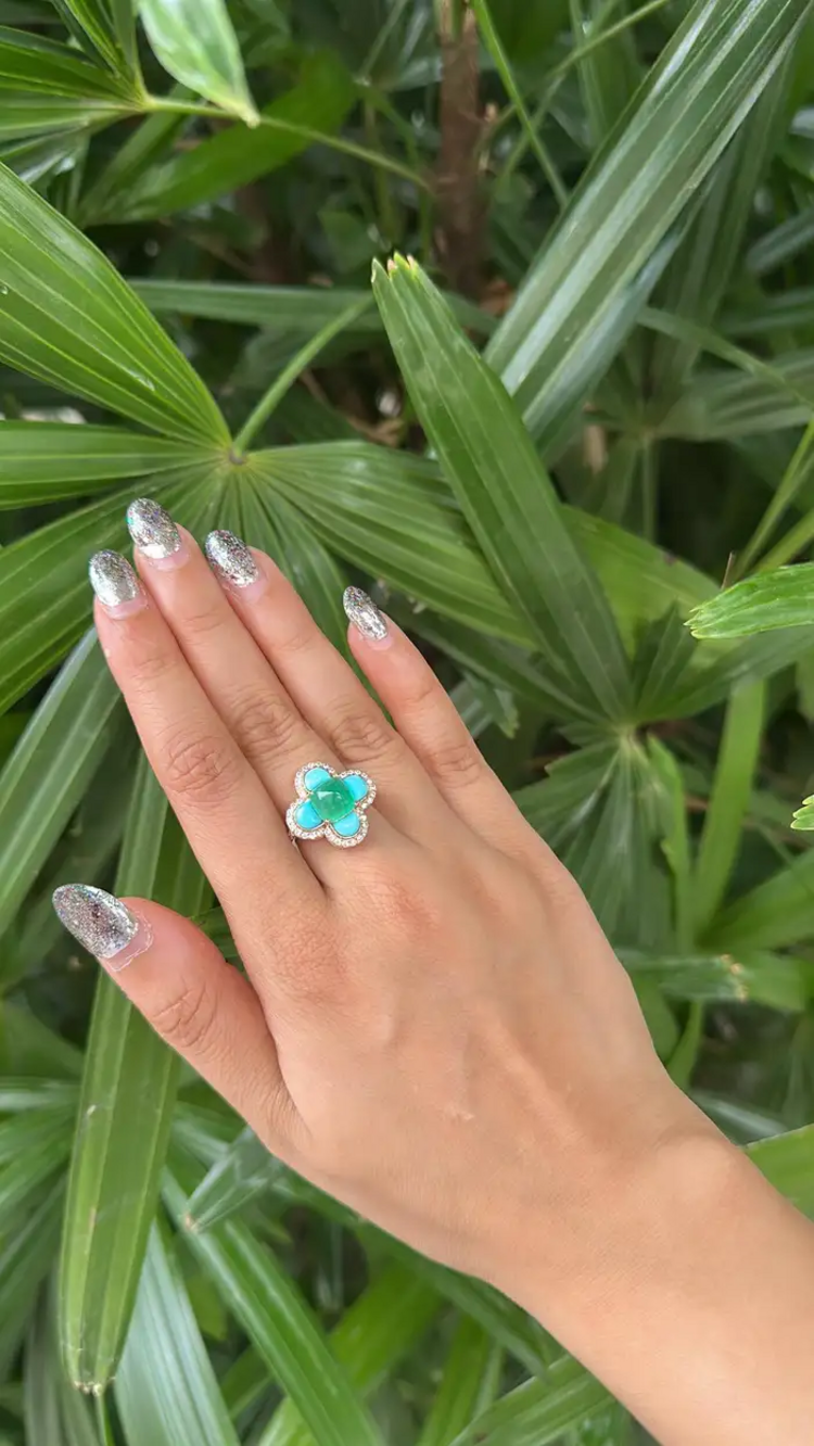 18k Rose Gold Diamond Handmade Ring With Natural Zambian Emerald & Turquoise