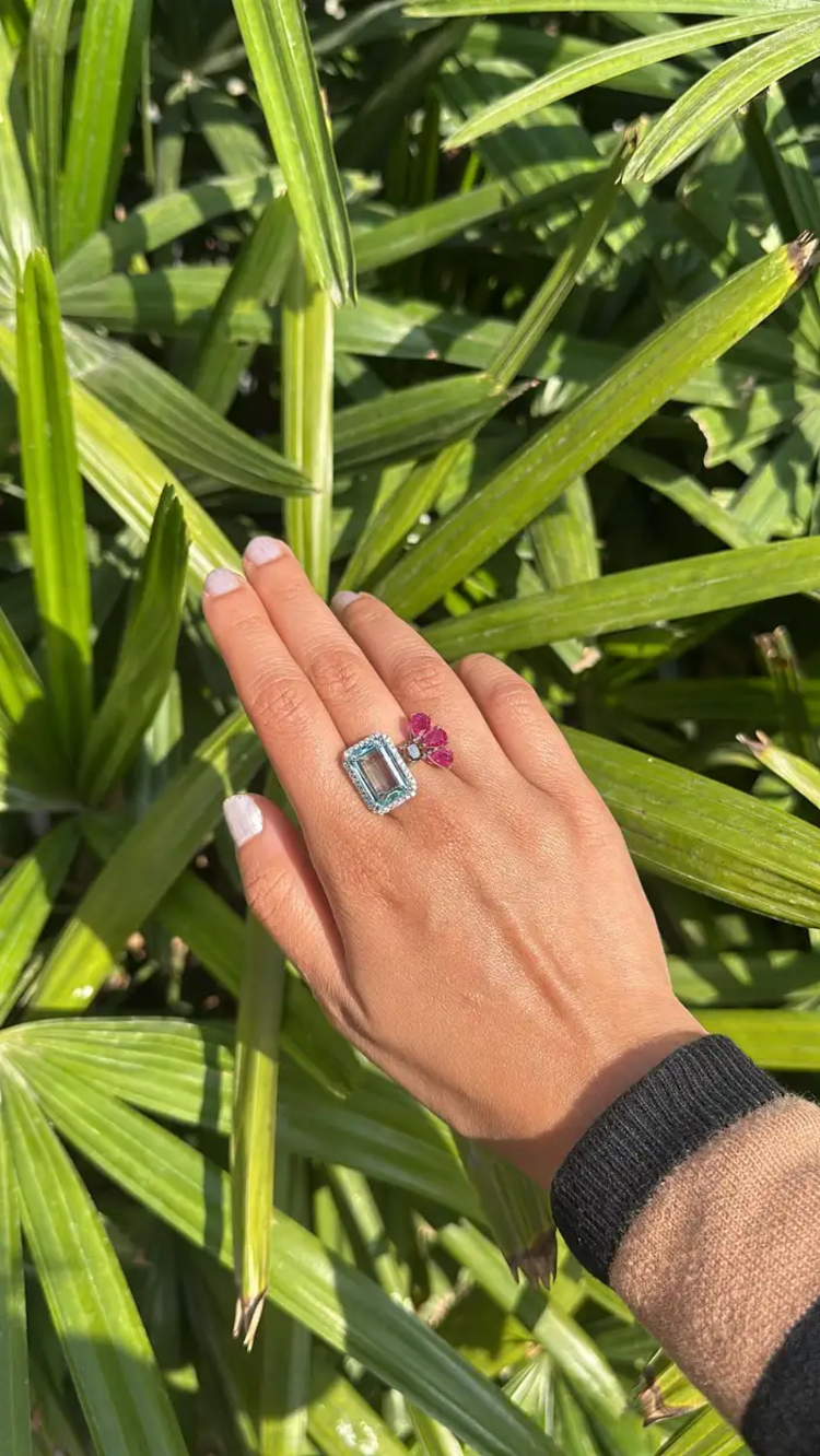 18k White Gold Brown Diamond Cuff Ring - Natural Aquamarine & Ruby Engagement Ring