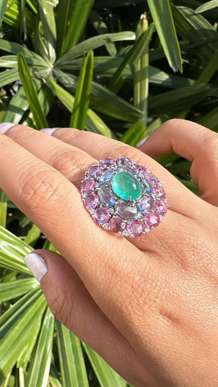 Colombian Emerald & Diamond Cocktail Ring - 18k White Gold Pink & Blue Sapphire Statement Ring