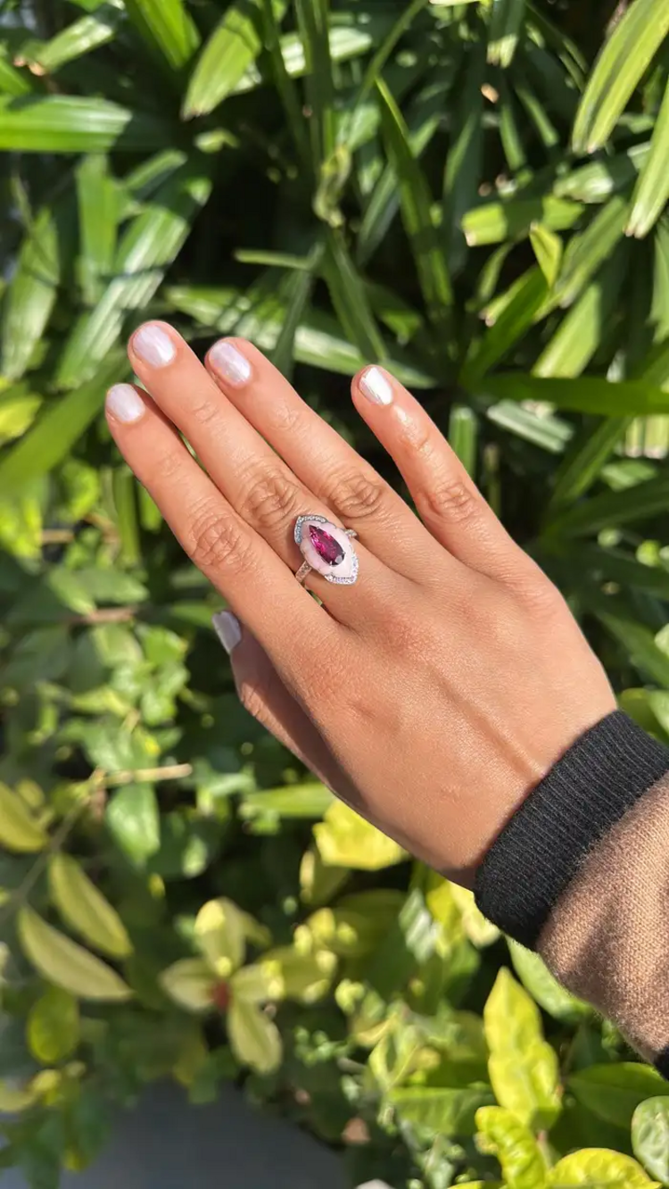 Natural Rubellite & Pink Opal Wedding Ring - 18k White Gold Handmade Diamond Ring
