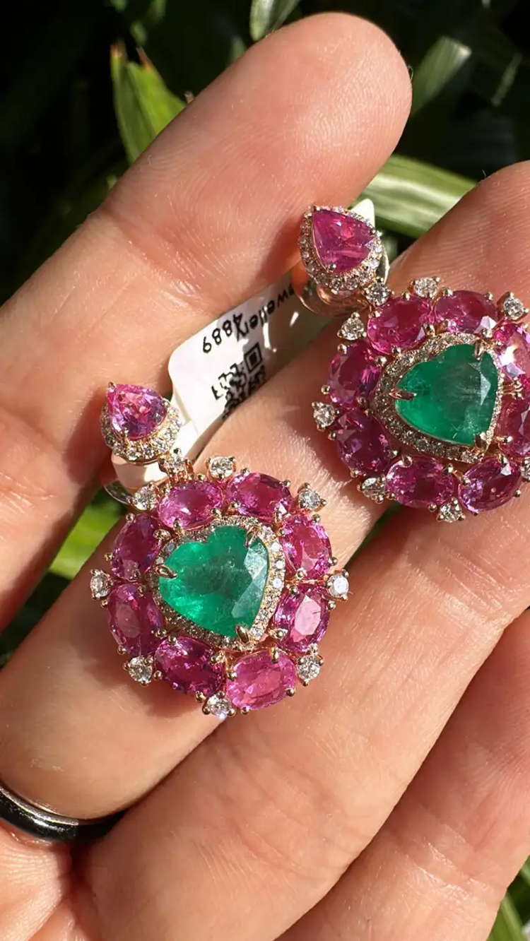 Heart Shape 8.95 Ct. Zambian Emerald Earrings - 18k Rose Gold Diamond Dangle Earrings - Natural Pink Sapphire Earrings