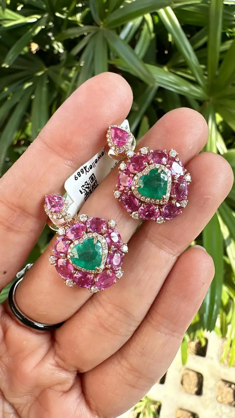 Heart Shape 8.95 Ct. Zambian Emerald Earrings - 18k Rose Gold Diamond Dangle Earrings - Natural Pink Sapphire Earrings
