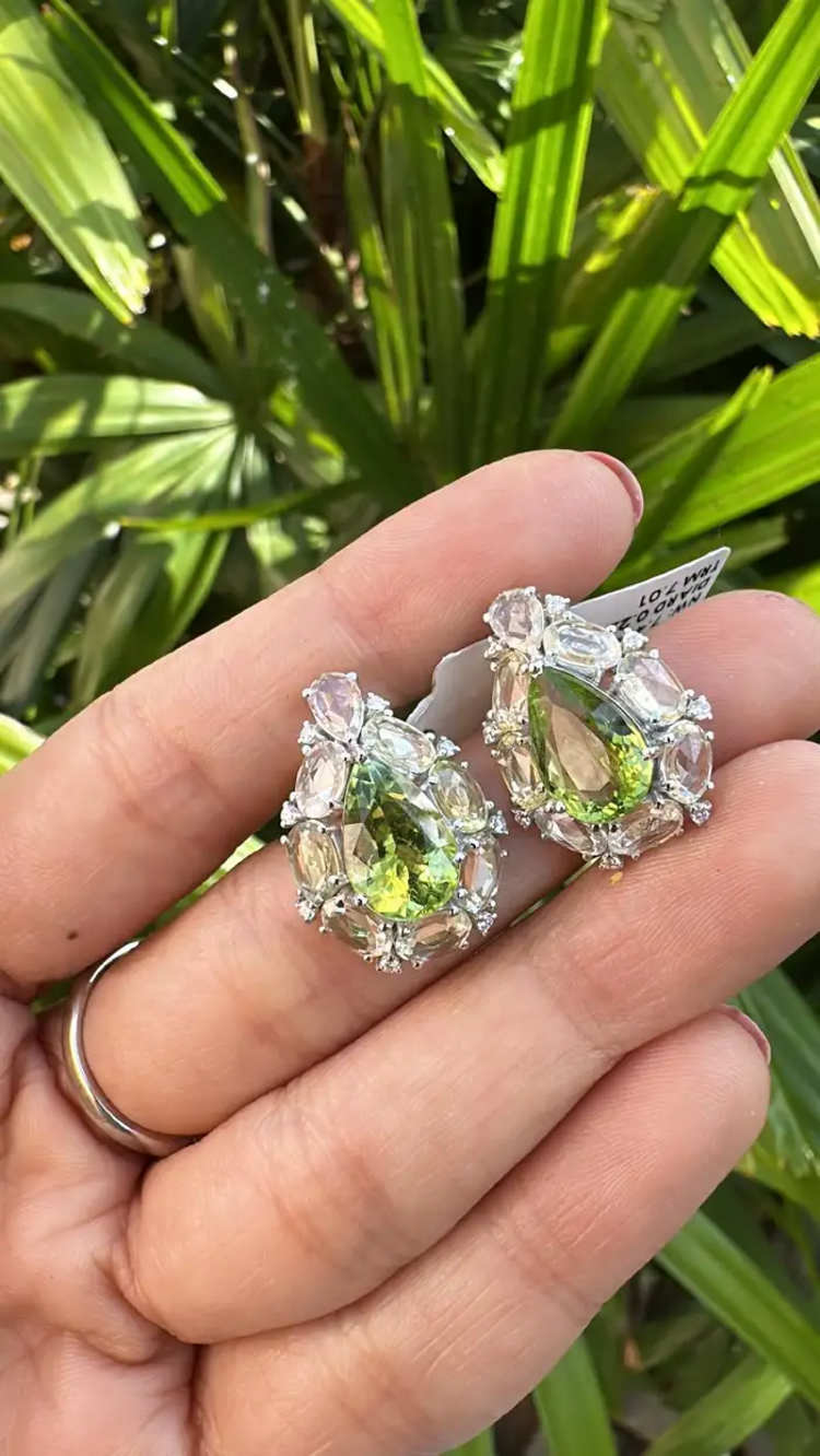 Natural Pear Shape Tourmaline & White Sapphire Stud Earrings - 18k White Gold Diamond Earrings