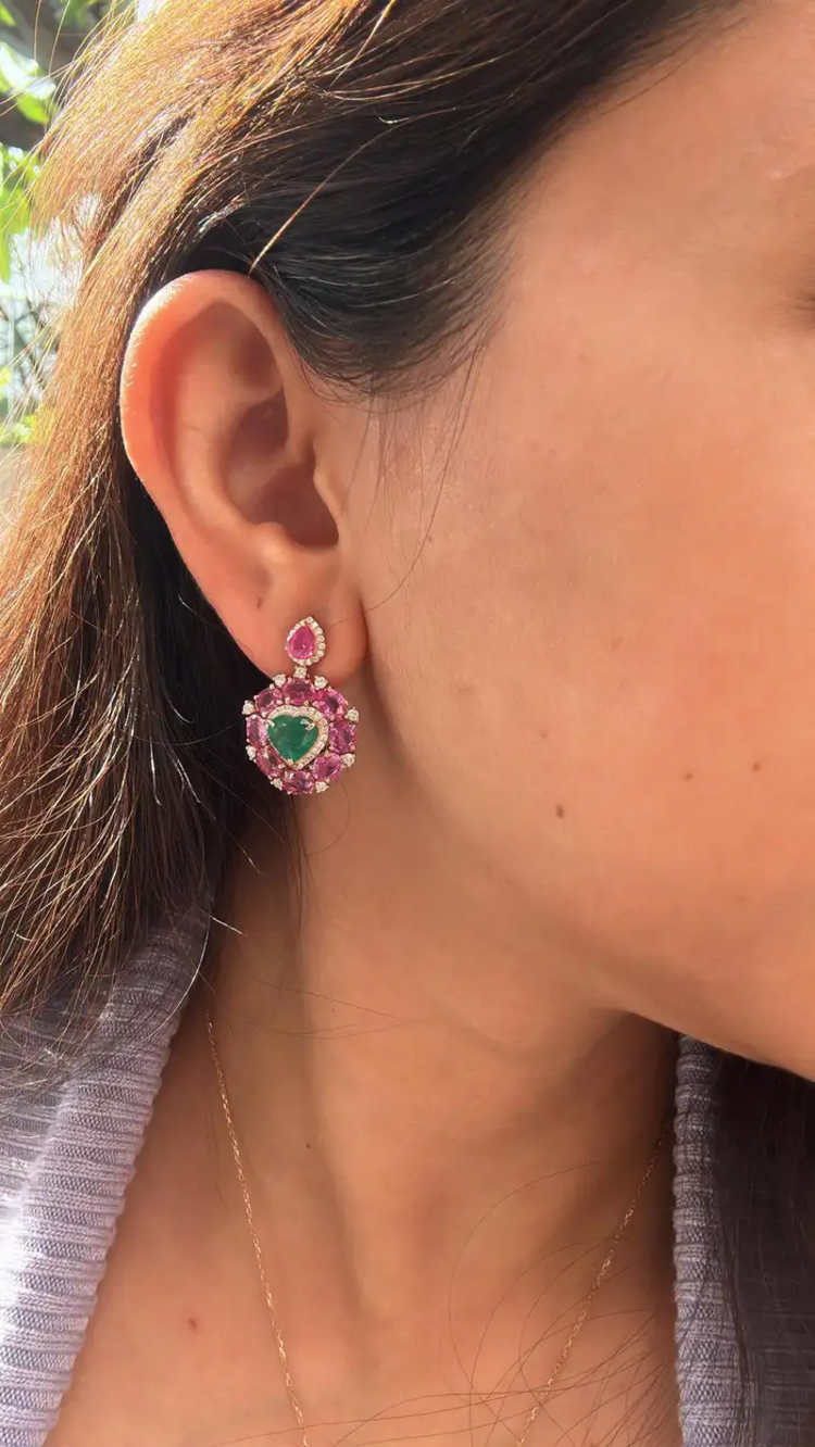Heart Shape 8.95 Ct. Zambian Emerald Earrings - 18k Rose Gold Diamond Dangle Earrings - Natural Pink Sapphire Earrings