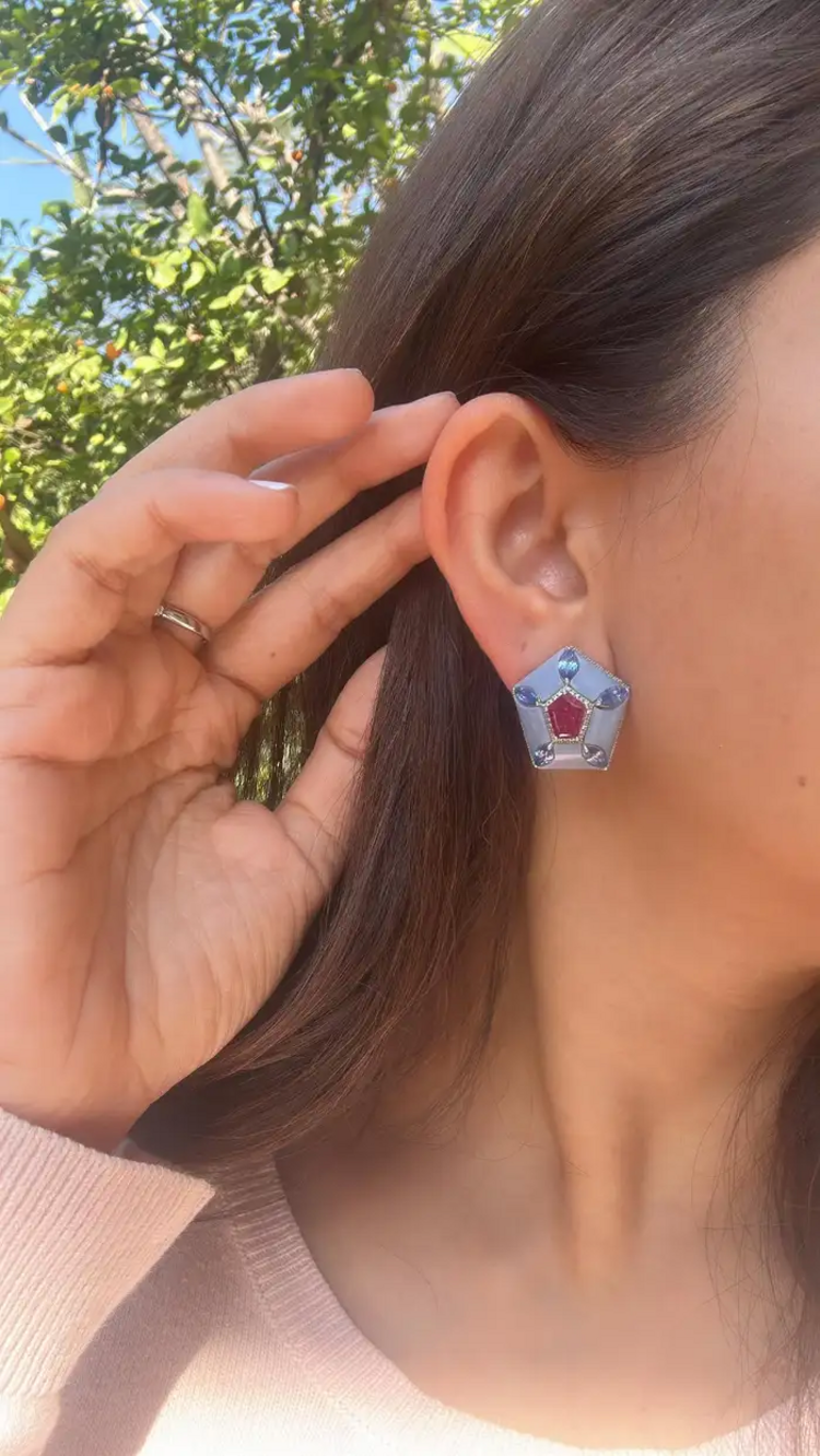Natural Mozambique Ruby & Blue Opal Stud Earrings - 18k White Gold, Blue Sapphire & Diamond Earrings