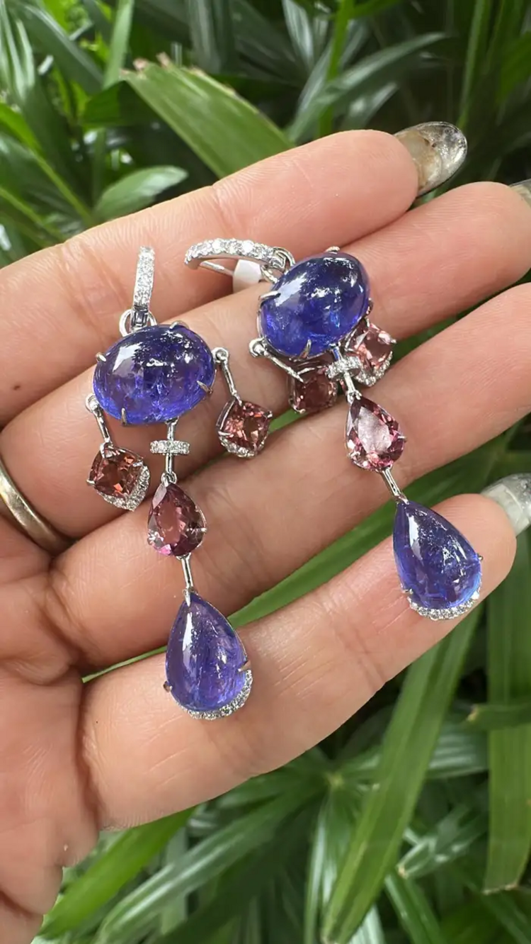 18k White Gold Diamond Earrings - Natural Tanzanite & Tourmaline Gemstone Dangle Earrings