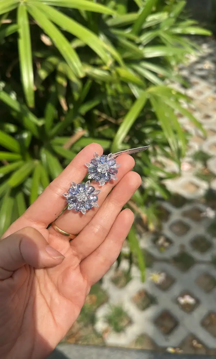 18k White Gold Rose Cut Diamond Stud Earrings - Natural Blue Sapphire Gemstone Earrings
