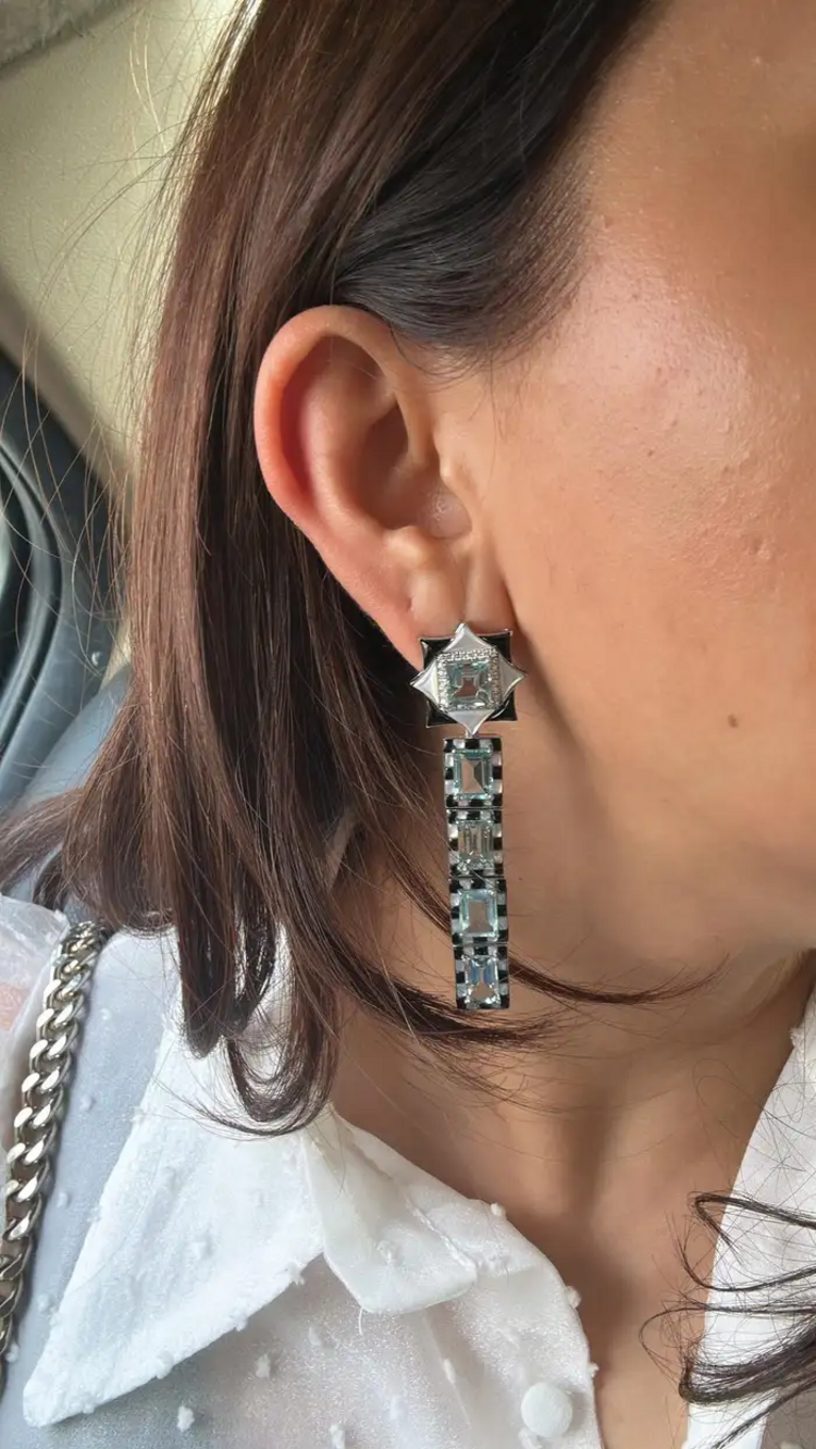 Natural Aquamarine & Black Onyx Dangle Earrings - 18k White Gold Diamond Wedding Earrings