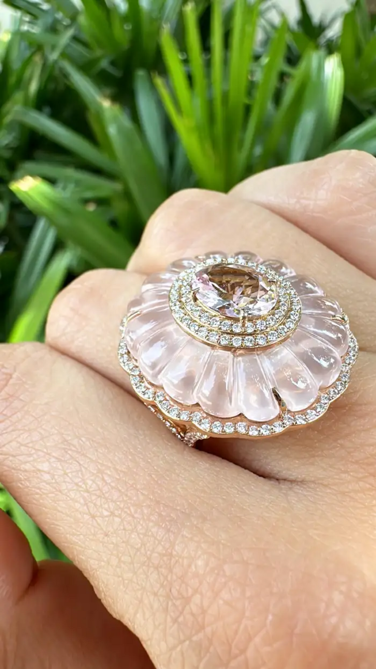 Natural Morganite & Rose Quartz Gemstone Ring - 18k Yellow Gold Diamond Cocktail Ring