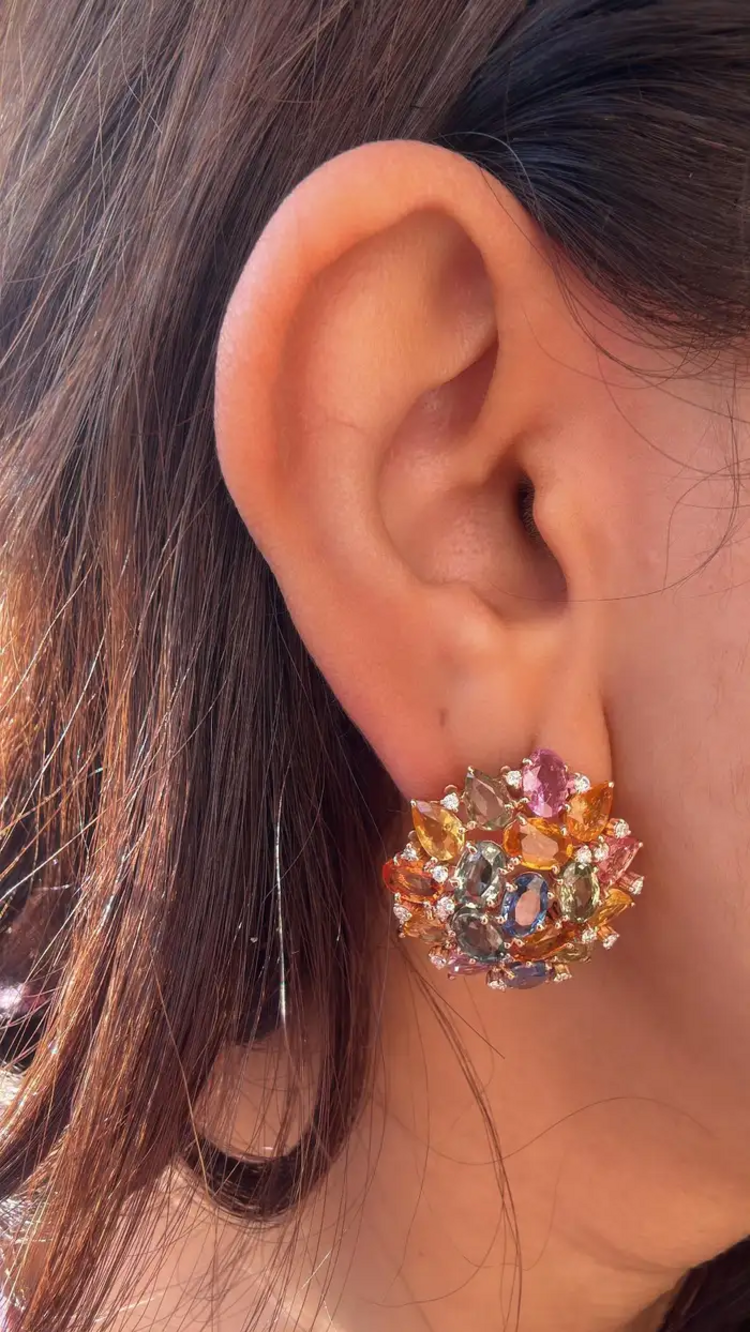 Ceylon Multi Sapphire & Diamond Stud Earrings - Handmade 18k Gold Diamond Women Earrings