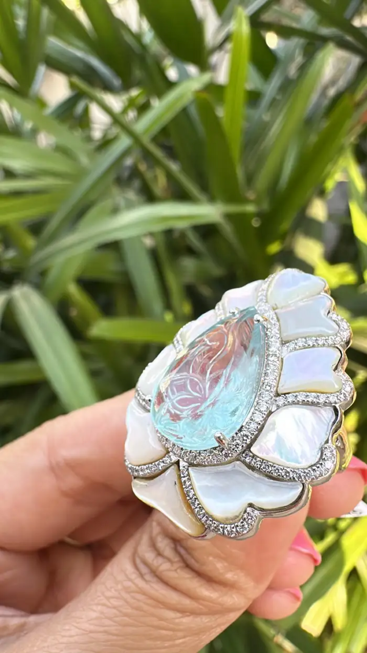 18k White Gold Diamond Statement Ring - Carved Aquamarine & Pearl Cocktail Ring