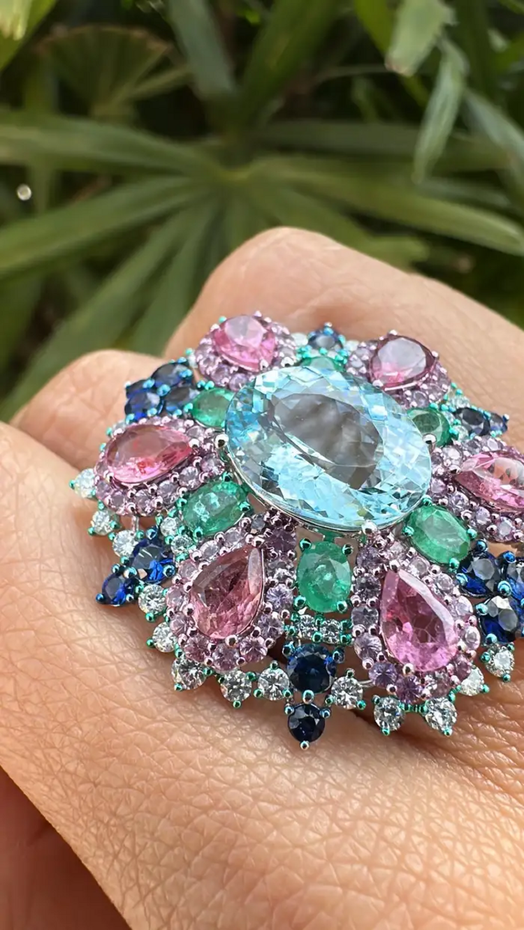 Natural Aquamarine, Sapphires & Emerald Statement Ring - 18k White Gold Diamond Wedding Ring