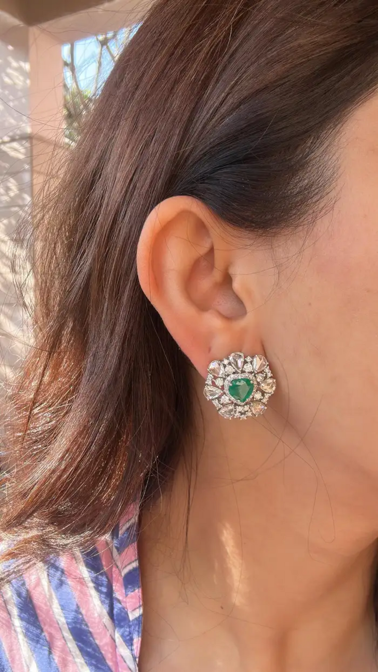 Natural Heart Shape Zambian Emerald Stud Earrings - 18k White Gold Rose Cut Diamond Tiny Earrings