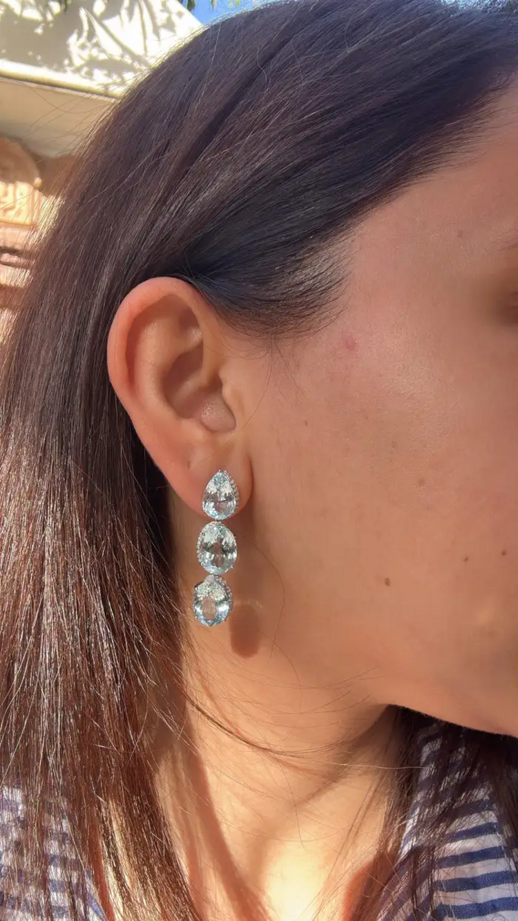 Natural Aquamarine Gemstone Dangle Earrings - 18k White Gold Diamond Drop Dangle Earrings