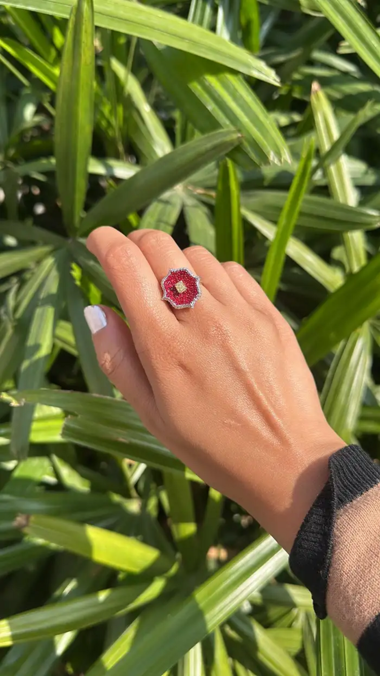Natural Ruby & Yellow Diamond Ring - 18k White Gold Diamond Stackable Wedding Ring