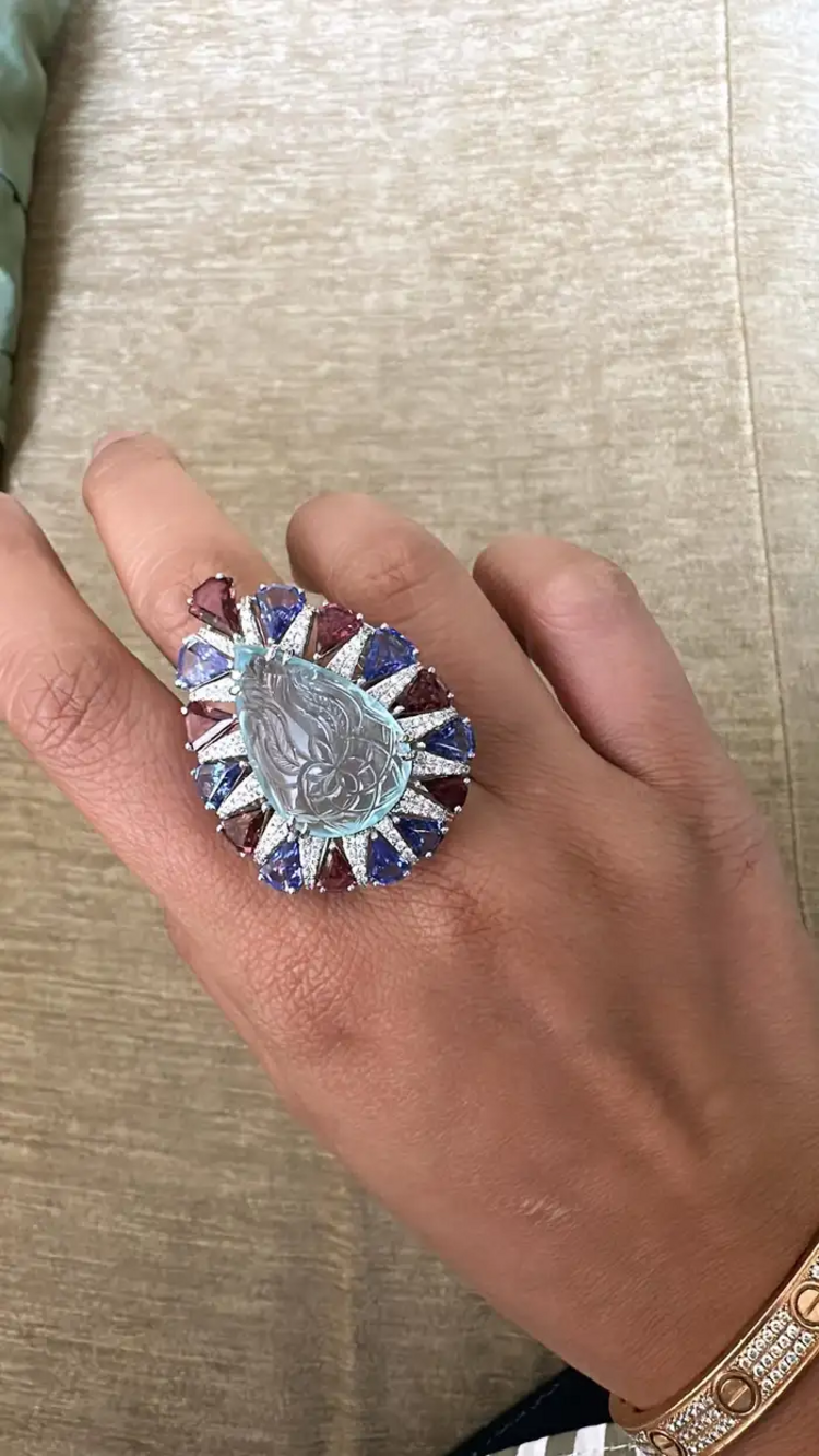Natural Rubellite, Tanzanite & Carved Aquamarine Gold Ring - 18k White Gold Diamond Big Ring