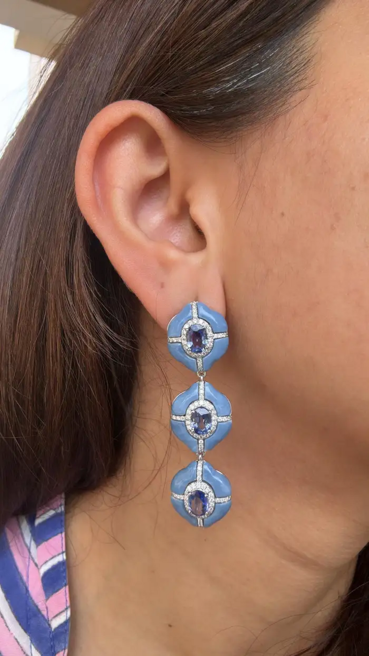 Natural Ceylon Blue Sapphire & Blue Opal Dangle Earrings - 18k White Gold Diamond Women Earrings