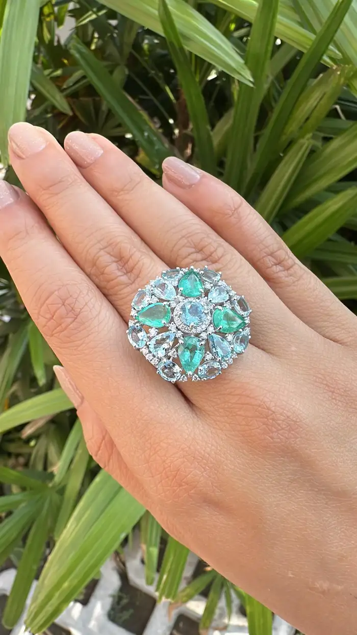 Colombian Emerald & Aquamarine Gemstone Statement Ring - 18k White Gold Diamond Cocktail Ring
