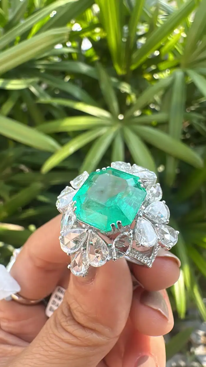 9.22 Ct. Colombian Emerald Engagement Ring - Natural Rose Cut Diamond Wedding Ring