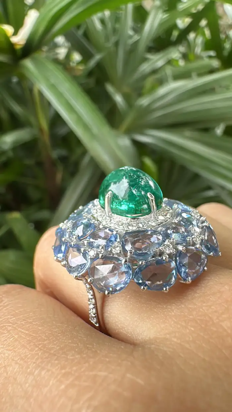 18k White Gold Diamond Statement Ring - Natural Zambian Emerald & Blue Sapphire Cocktail Ring