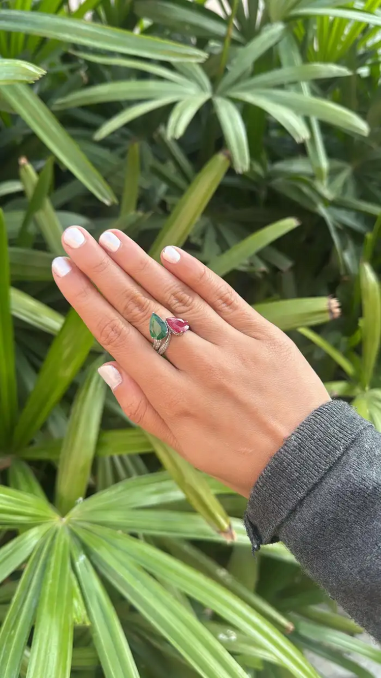 Natural Pear Shape Zambian Emerald & Mozambique Ruby Wedding Ring - 18k White Gold Diamond Ring