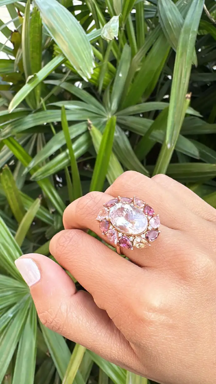 8.47 Ct. Morganite & Tourmaline Gemstone Cocktail Ring - 18k Yellow Gold Diamond Ring