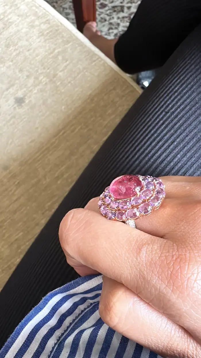 18K Gold, 8.13 carats, Tourmaline, Multi Sapphire & Diamond Cocktail Ring