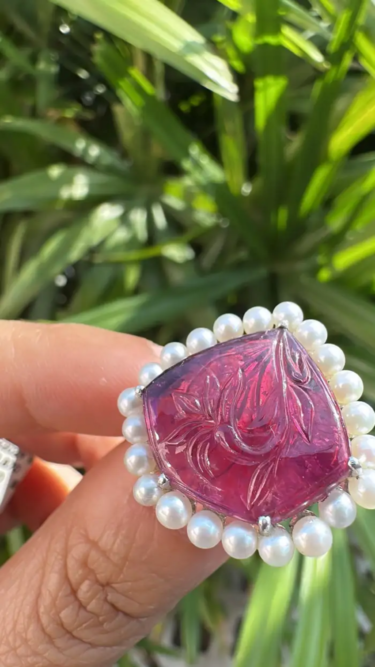 18k White Gold Carved Tourmaline Statement Ring - 10.67 Ct. Carved Tourmaline & Fresh Water Pearl Ring