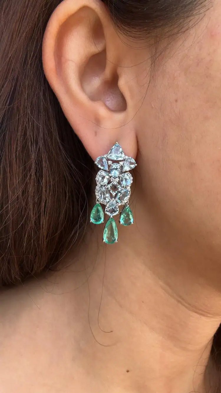 Natural Aquamarine & Colombian Emerald Dangle Earrings - 18k White Gold Diamond Wedding Earrings