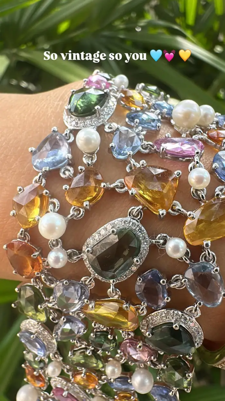 Natural Multi Sapphire & Pearls Link Bracelet - 18k White Gold Diamond Bracelet