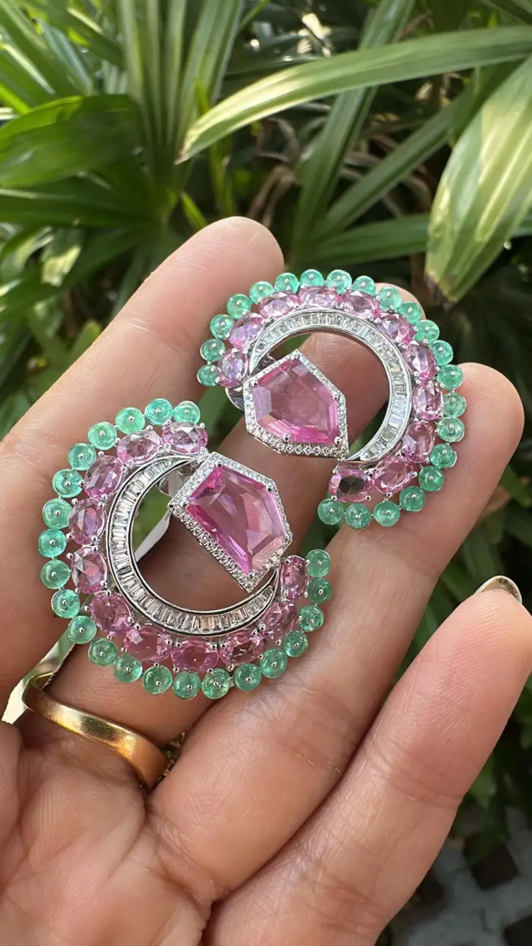 11.33 Ct. Pink Sapphire & Emerald Gemstone Stud Earrings - 18k White Gold Diamond Earrings