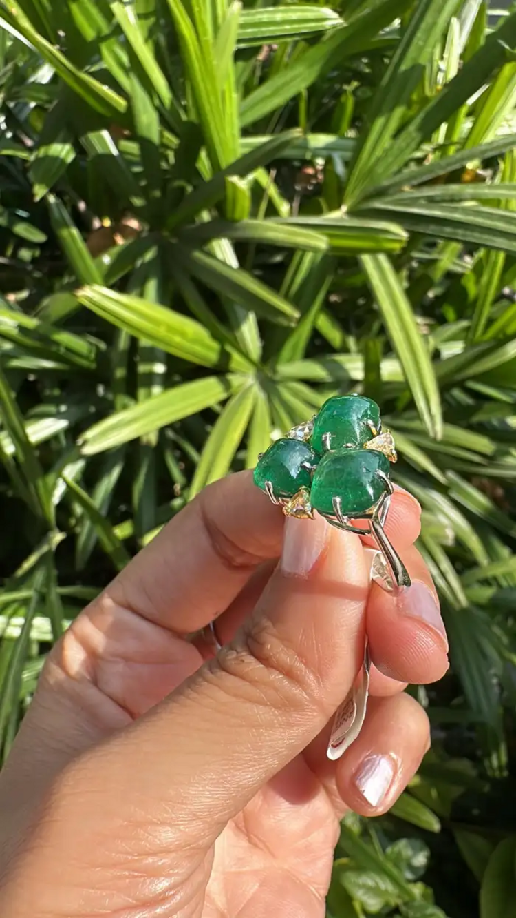 Natural Zambian Emerald Handmade Ring - 18k White Gold & Diamond Statement Ring