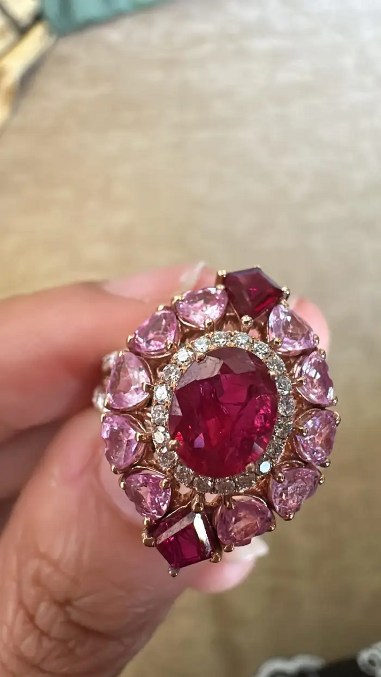 18K Yellow Gold, natural Mozambique Ruby, Pink Sapphire & Diamonds Cocktail Ring