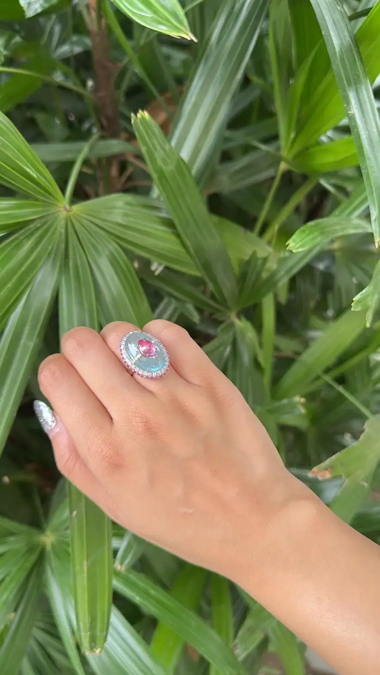 Natural Aquamarine & Pink Sapphire Cocktail Ring - 18k White Gold Diamond Handmade Ring